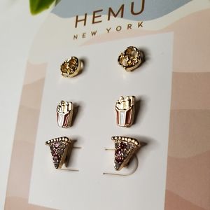 STUD EARRINGS GOLDTONE 3 PAIR SET NEW POPCORN PIZZA PRETZEL